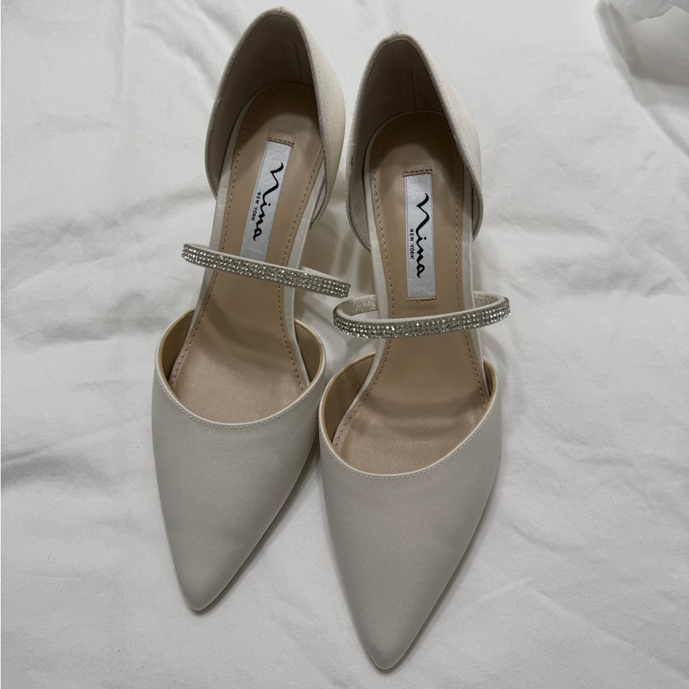 Nina Cream Pointed Toe Heels with Rhinestone Strap